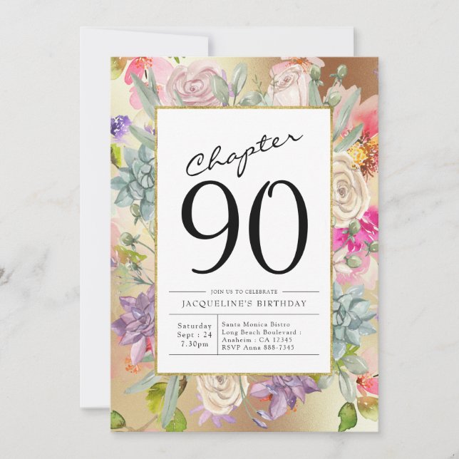 Gold Floral 90th Birthday Invitation (Front)