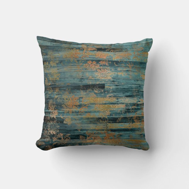 Gold Floral and Blue Rustic Wood Decoupage Throw Pillow (Front)
