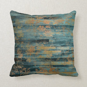 Gold Floral and Blue Rustic Wood Decoupage Throw Pillow