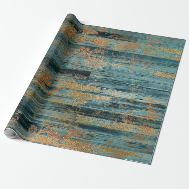 Gold Floral and Blue Rustic Wood Wrapping Paper (Unrolled)