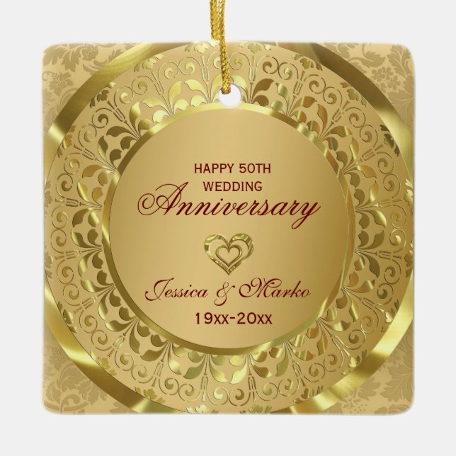 Gold Floral And Ring  50th Wedding Anniversary Ceramic Ornament (Front)