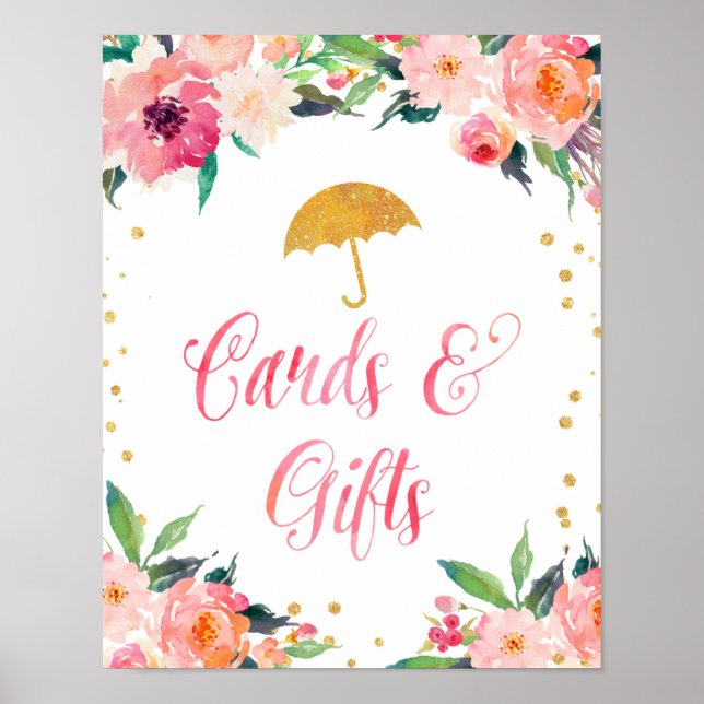 Gold Floral April Shower Cards and Gifts Poster (Front)