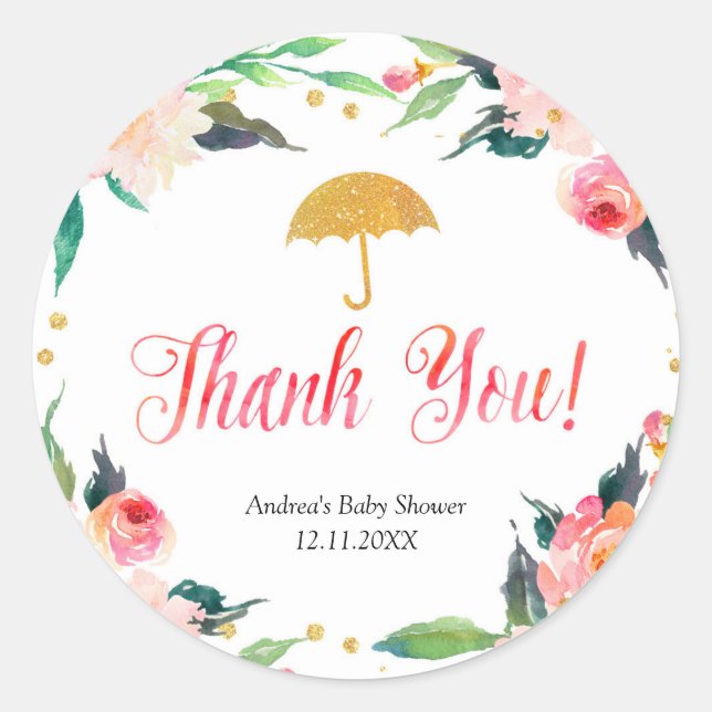 Gold Floral April Shower Thank You sticker (Front)