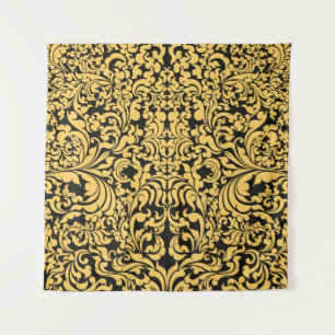 Gold floral art pattern on a black, Thai art vinta Tapestry