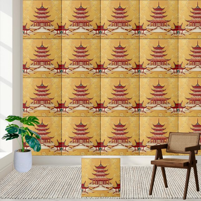 Gold Floral Asian Temple Chinoiserie Pagoda Tile (Gold Floral Asian Temple Chinoiserie Pagoda Tile)