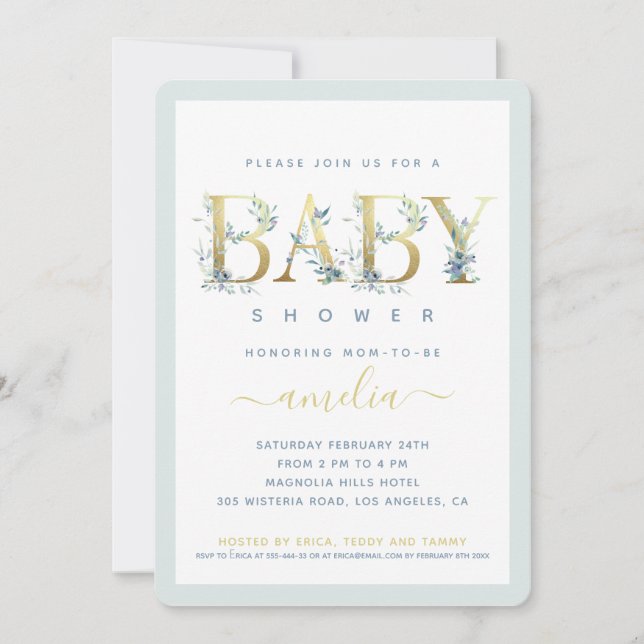 Gold Floral Baby Blue Boy Douche Invitation (Devant)