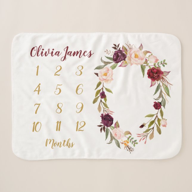 Gold Floral Baby Milestone Monthly Sherpa Blanket (Front (Horizontal))