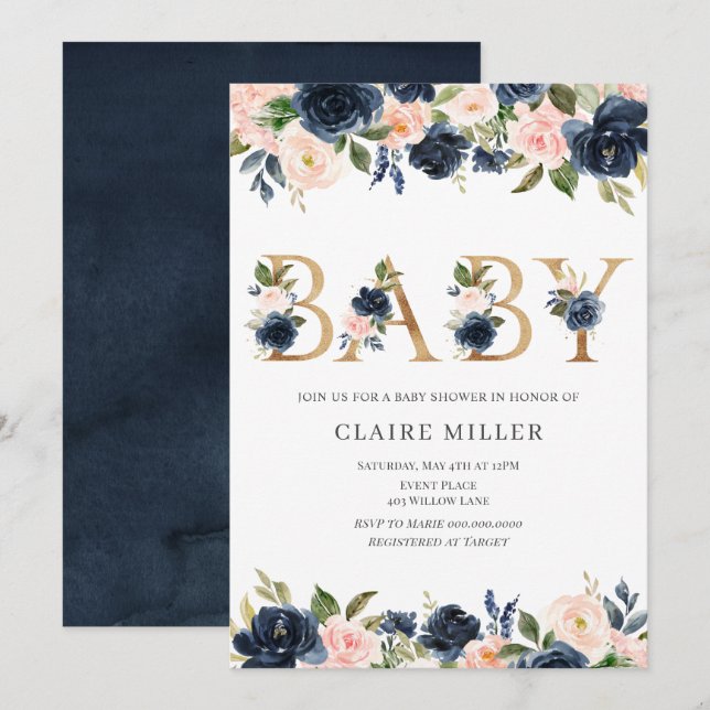 Gold Floral BABY shower invitation (Front/Back)