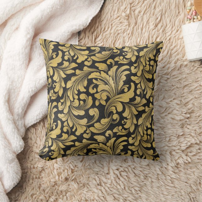 Gold floral baroque pattern on black background throw pillow (Blanket)
