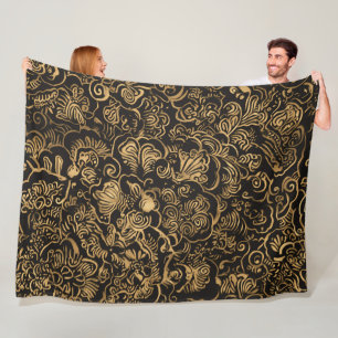 Gold Floral Baroque Pattern on Black Fleece Blanket