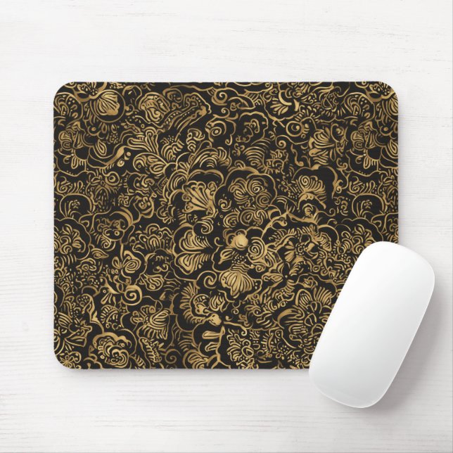 Gold Floral Baroque Pattern on Black Mouse Pad (With Mouse)
