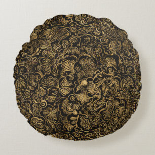 Gold Floral Baroque Pattern on Black Round Pillow