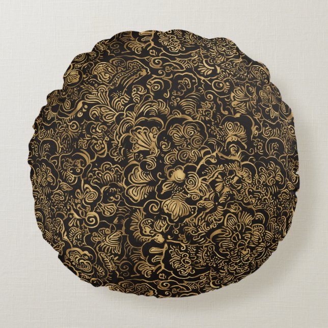 Gold Floral Baroque Pattern on Black Round Pillow (Front)