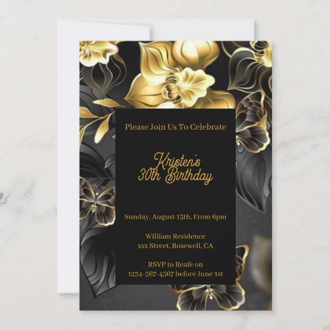 Gold Floral Birthday Invitation (Front)