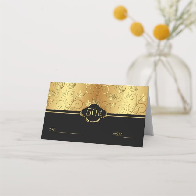 Gold Floral Black 50th Wedding Reception Place Car Card (Front)