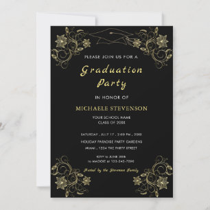 Gold Floral Black Graduation Invitation Template