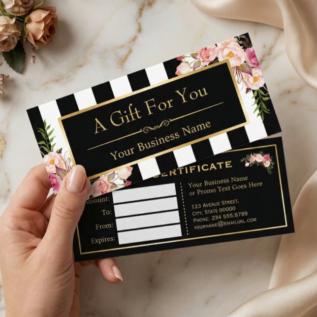 Gold Floral Black White Stripes Gift Certificate (Creator Uploaded)