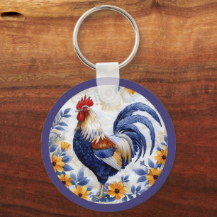 Gold Floral Blue Rooster Farmhouse Keychain