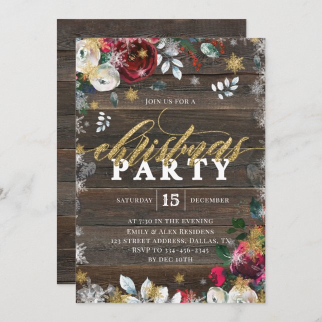 Gold Floral Bois Noël Invitation (Devant / Derrière)