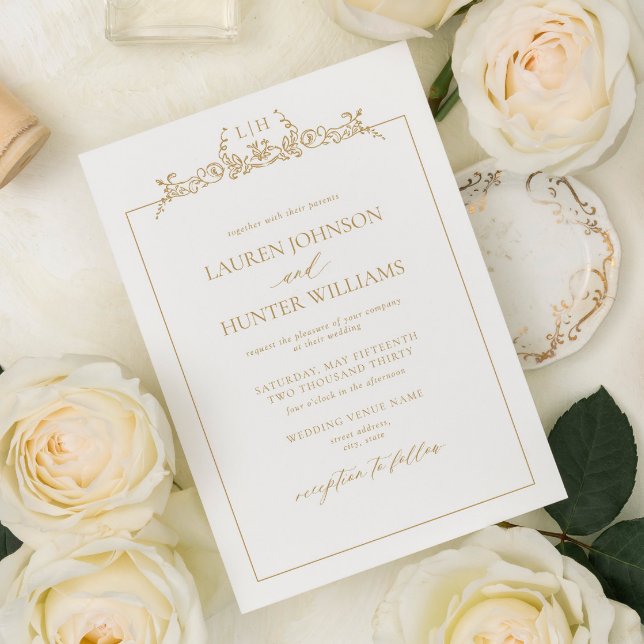 Gold Floral Border Monogram Wedding Invitation (Creator Uploaded)