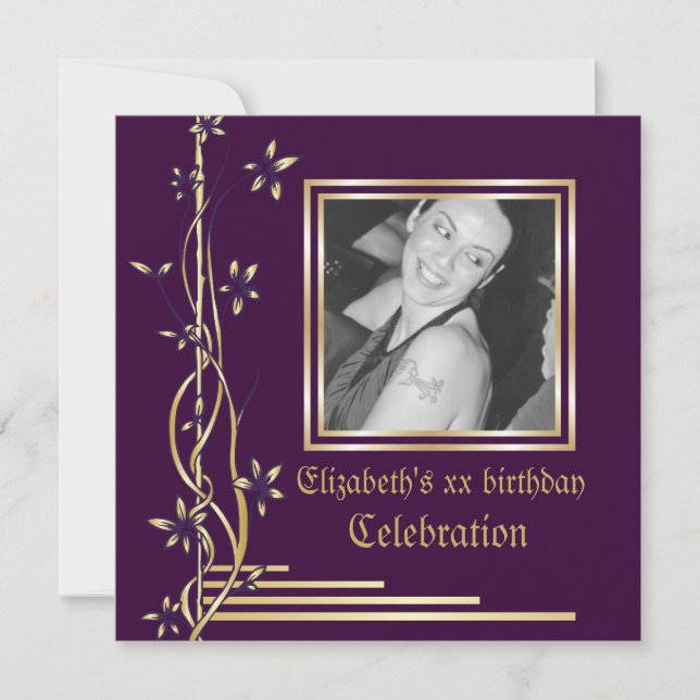 Gold floral border on purple birthday invitation (Front)
