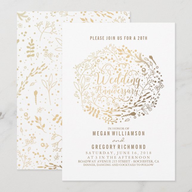 Gold Floral Bouquet Fabulous Wedding Anniversary Invitation (Front/Back)