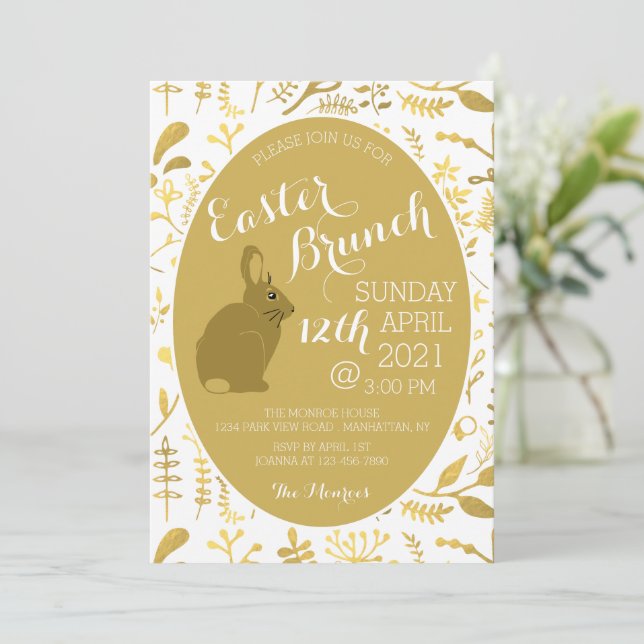 Gold Floral Bunny Easter Egg, Easter Brunch Announcement (Standing Front)