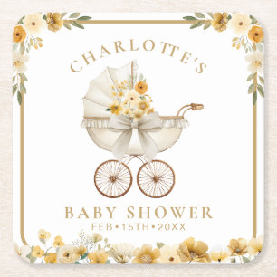 Gold Floral Carriage Baby Shower Coaster