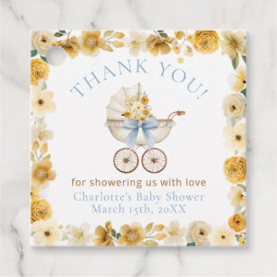 Gold Floral Carriage Blue Ribbon – Baby Shower Favour Tags