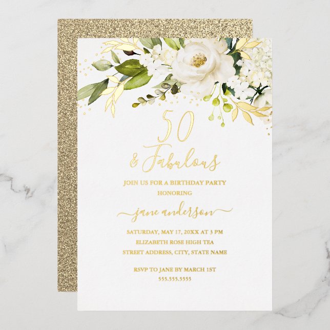 Gold Floral Champagne 50 & Fabulous Birthday  Foil (Front/Back)