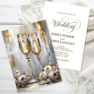 Gold Floral Champagne Glasses Wedding Invitation