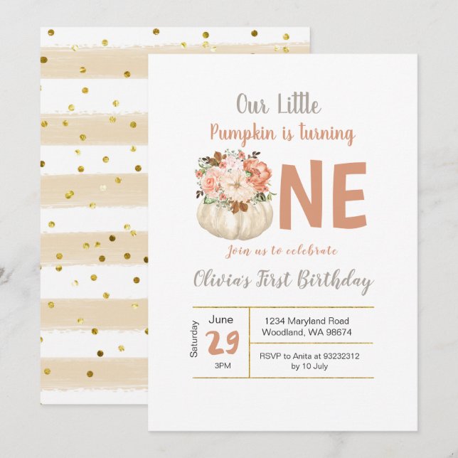 Gold Floral Citrouille Turner 1 invitation anniver (Devant / Derrière)