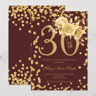 Gold Floral & Confetti 30th Birthday Burgundy  Invitation