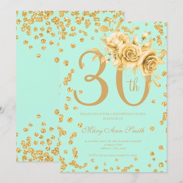 Gold Floral & Confetti 30th Birthday Mint  Invitation (Front/Back)