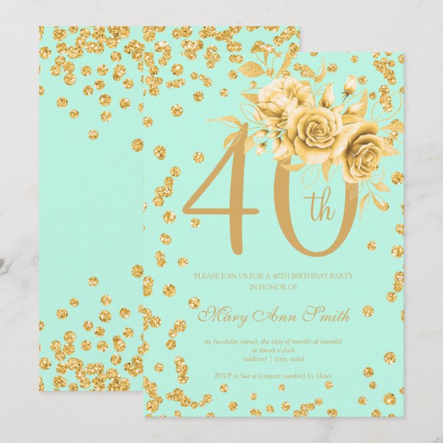 Gold Floral & Confetti 40th Birthday Mint  Invitation (Front/Back)