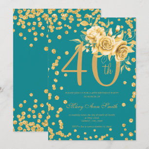 Gold Floral & Confetti 40th Birthday Party Teal  Invitation