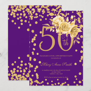 Gold Floral & Confetti 50th Birthday Purple Invitation
