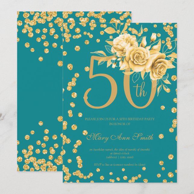 Gold Floral & Confetti 50th Birthday Teal  Invitation (Front/Back)