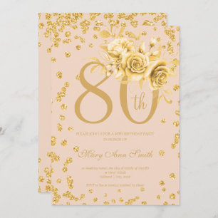 Gold Floral & Confetti 80th Birthday Party Blush  Invitation