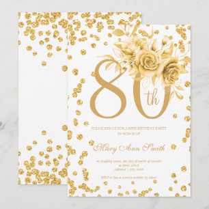 Gold Floral & Confetti 80th Birthday Party Invitation