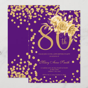 Gold Floral & Confetti 80th Birthday Party Purple Invitation