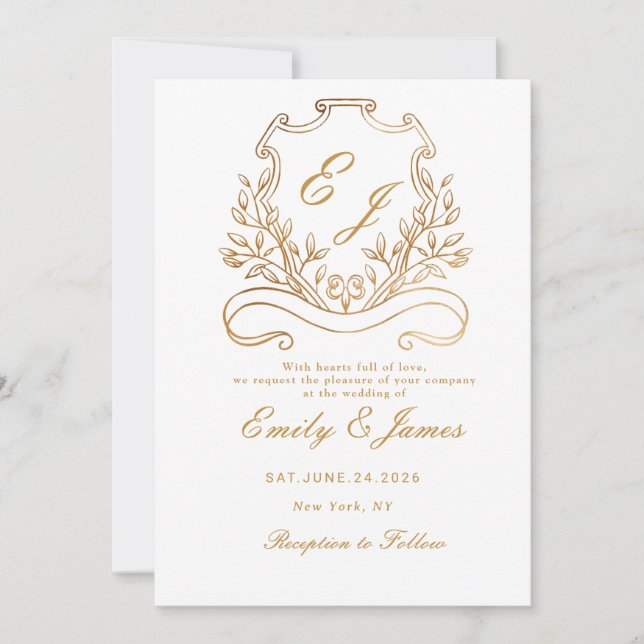 gold Floral Crest Victorian wedding invitation (Front)
