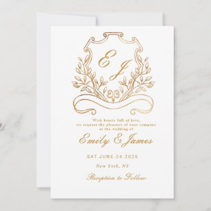 gold Floral Crest Victorian wedding invitation