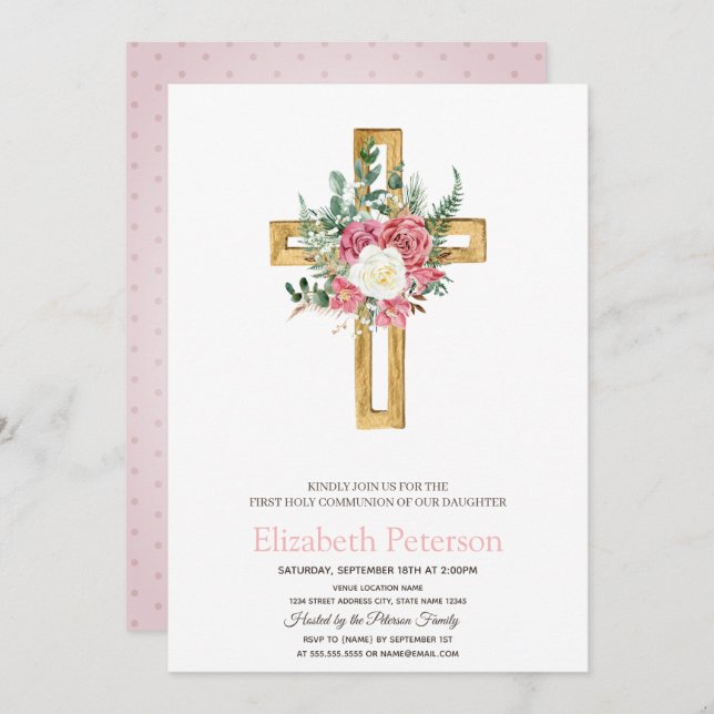 Gold Floral Cross,Dotted First Holy Communion  Invitation (Front/Back)
