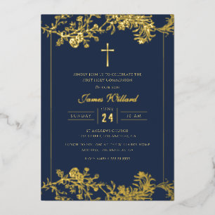 Gold Floral Cross Navy Boys First Communion