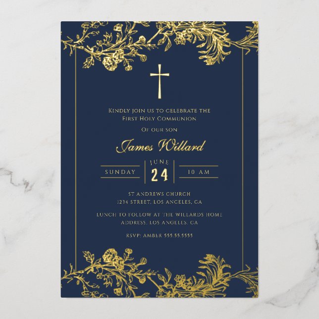 Gold Floral Cross Navy Boys First Communion (Front)