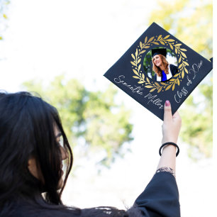 Gold floral Custom photo Monogram name year  Graduation Cap Topper
