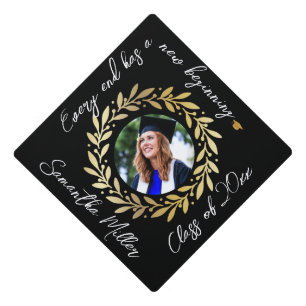 Gold floral Custom photo Monogram name year Quote Graduation Cap Topper