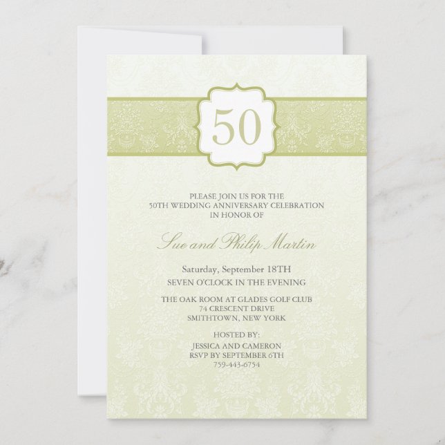 Gold Floral Damask 50e Mariage Invitation Annivers (Devant)