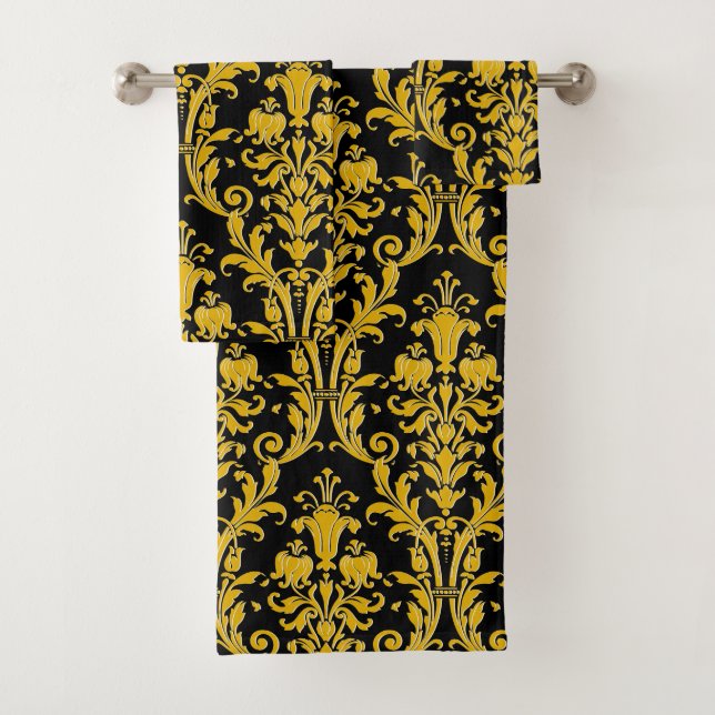 Gold Floral Damask On Black Bath Towel Set (Insitu)